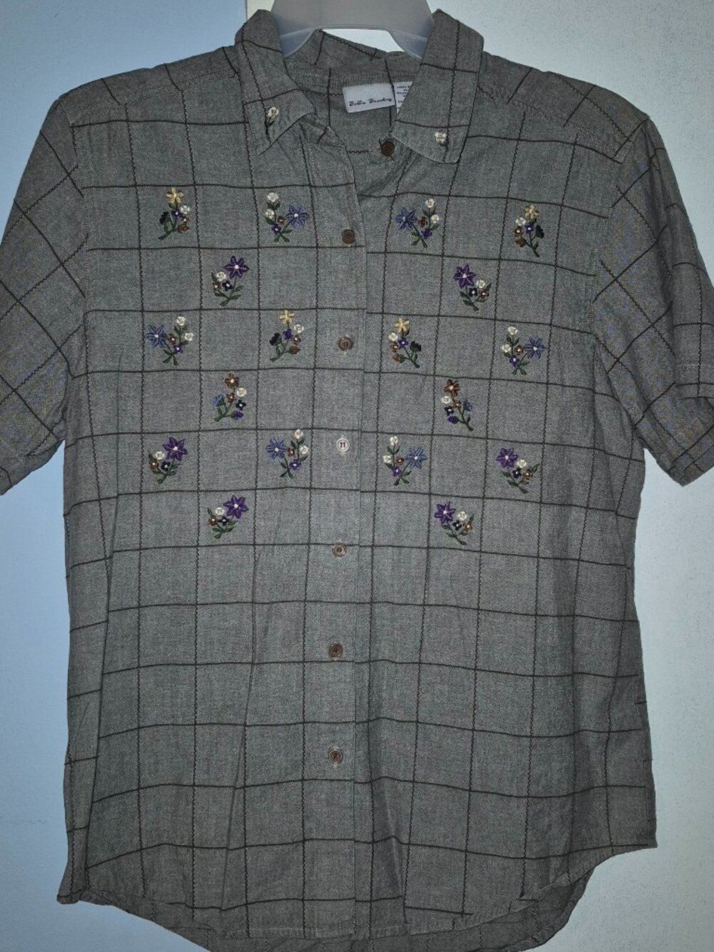 Bobbie Brooks SS Button Up Top Gray Hunter Green Plaid Floral Women's Size XL EC